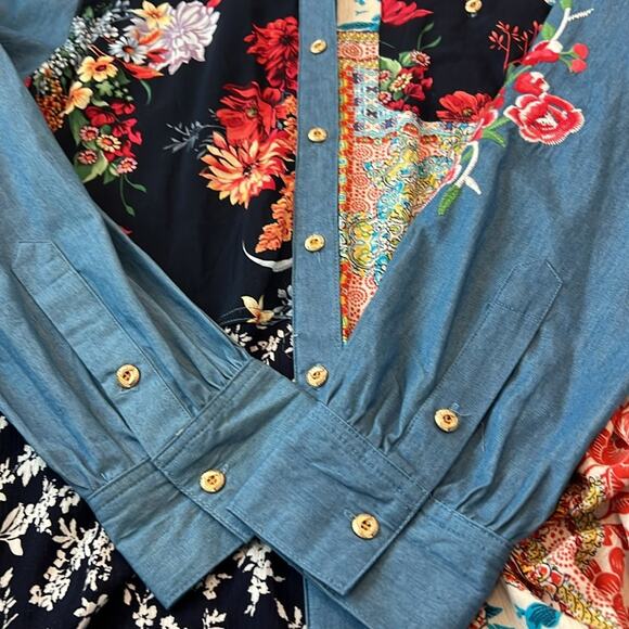 EUC Caleoas Mixed Media‎ Patchwork Drapey Button Down Top Blouse Large L Boho - Picture 14 of 16